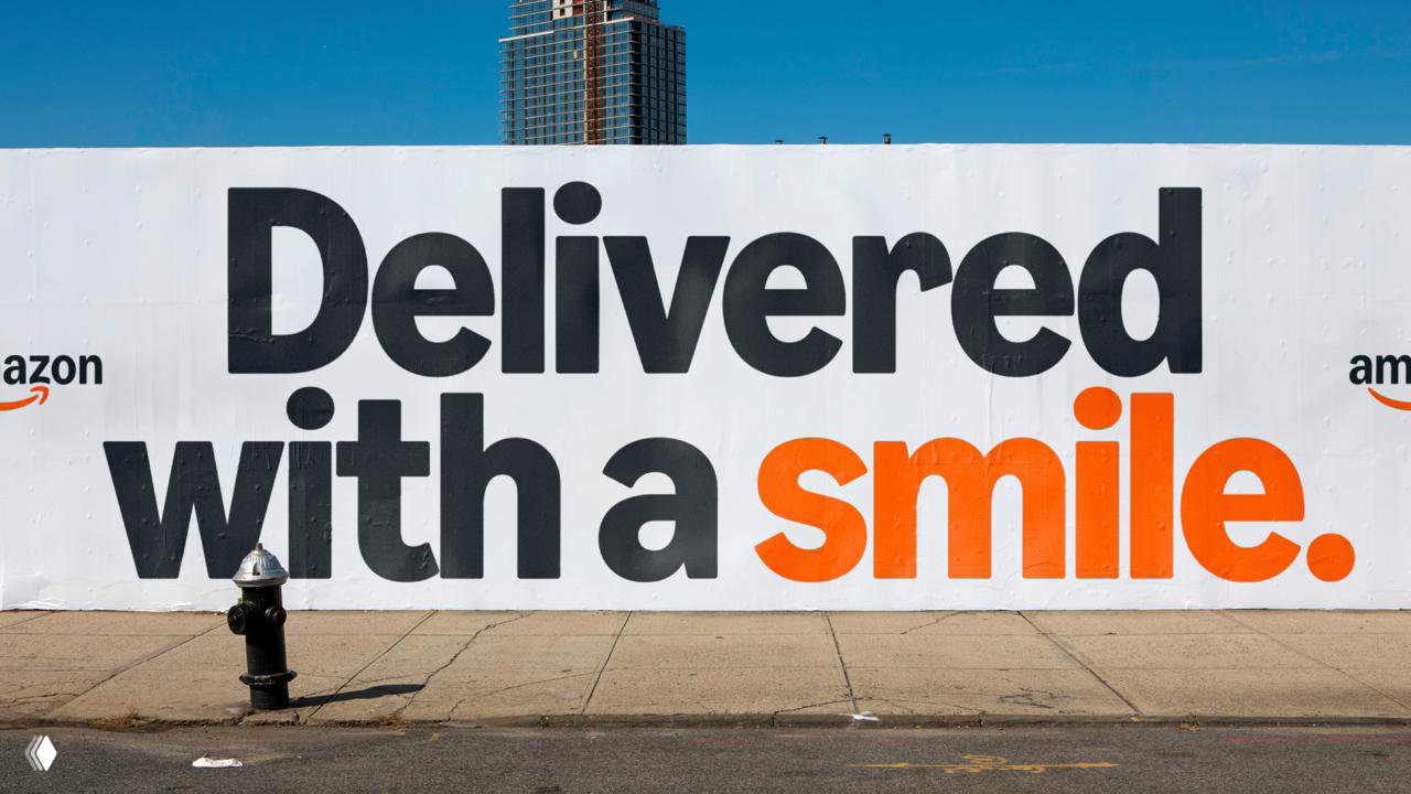 Уличный мурал с надписью «Delivered with a smile» в крупной типографике и оранжевыми акцентами — пример наружной рекламы новой айдентики Amazon.