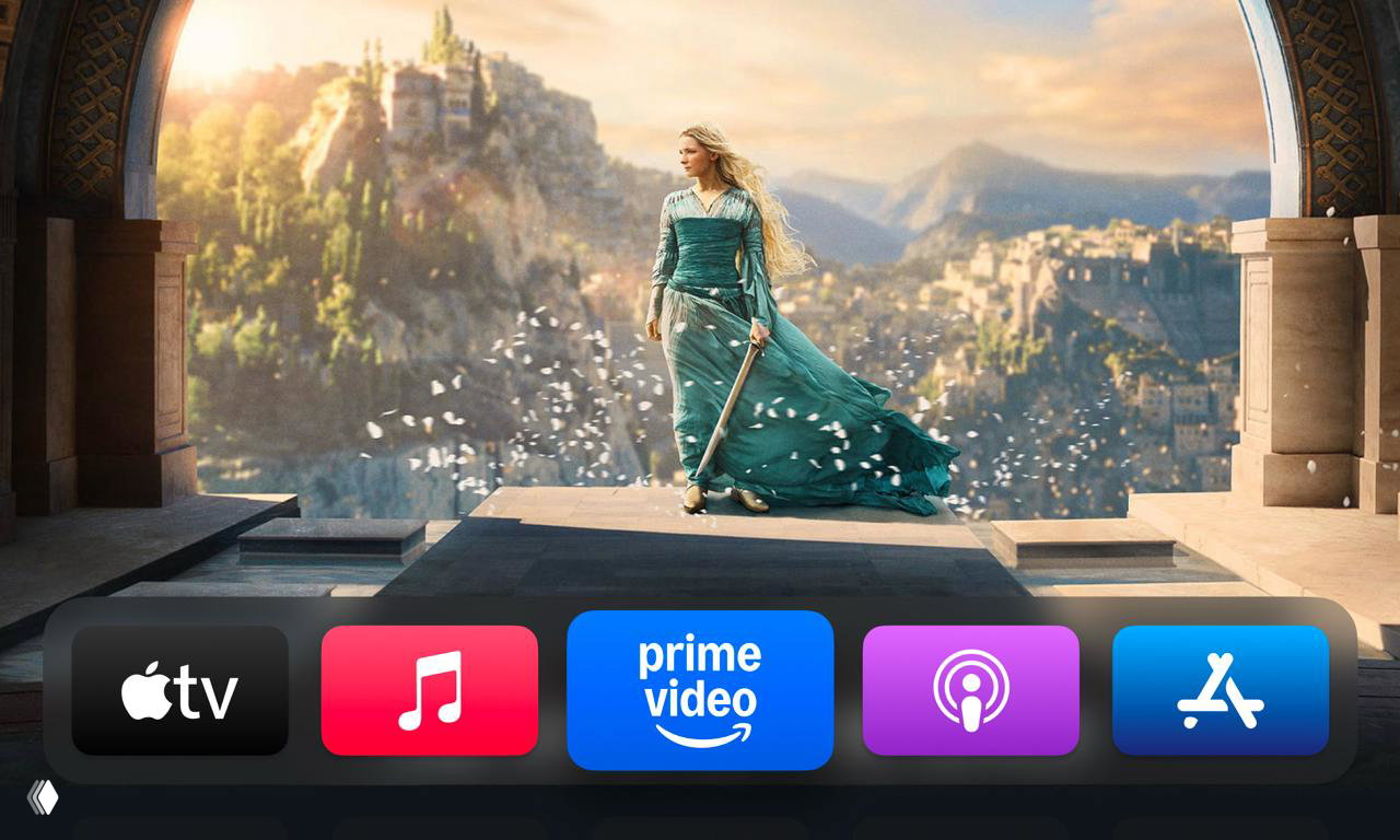 Экран телевизионного интерфейса с иконками Apple TV, Music, Prime Video и другими — демонстрация экосистемы сервиса Prime Video и её визуальных элементов.