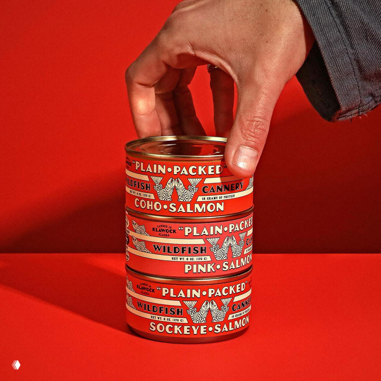 Рука держит стопку металлических банок Wildfish с крупным шрифтом и орнаментом; акцент на фактуре этикеток и контрастном красном фоне.