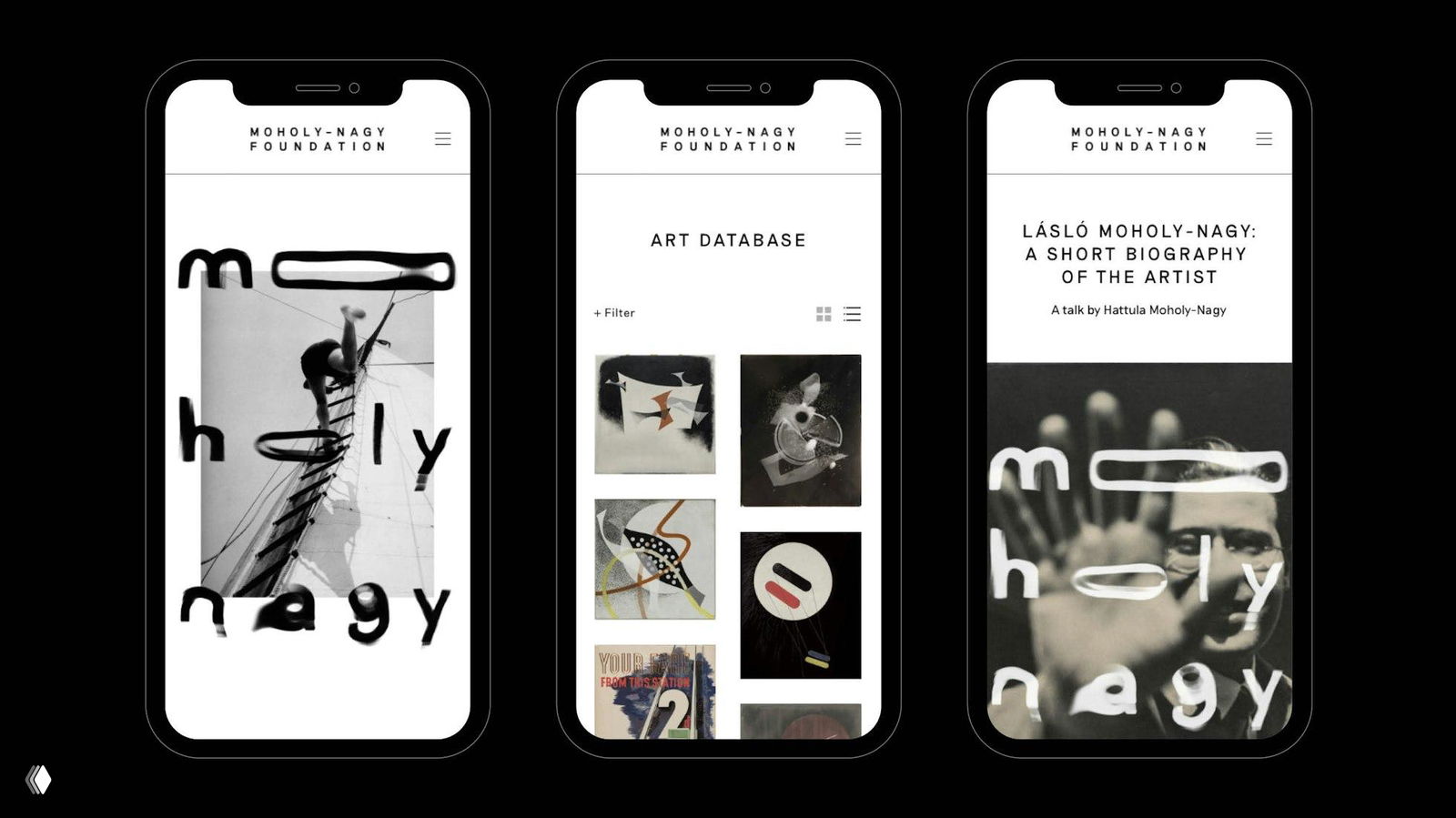Три экрана мобильной версии сайта Moholy‑Nagy: макеты раздела Art Database, миниатюры работ и обложки в монохроме, демонстрация навигации.