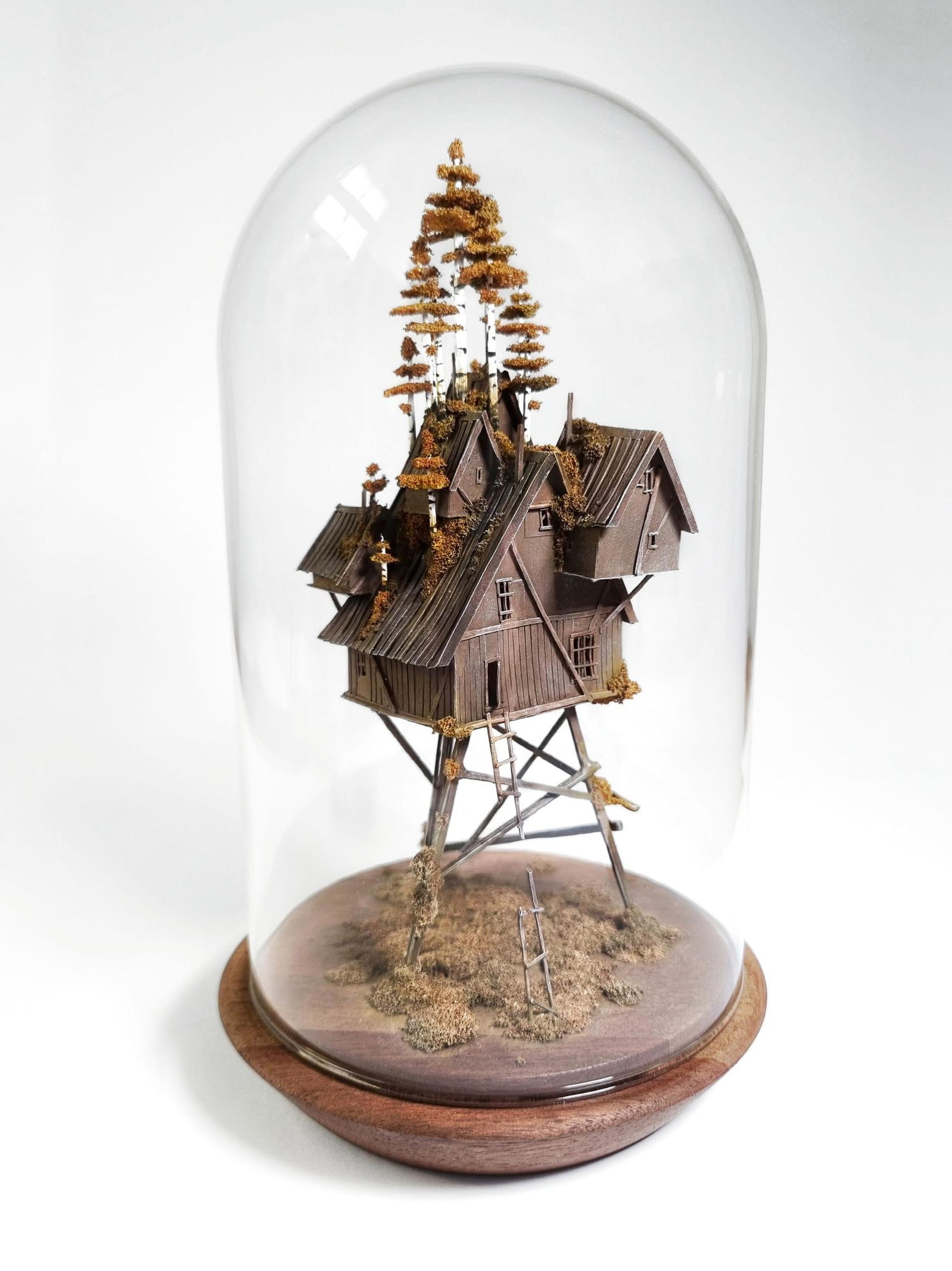 Высокая миниатюрная хижина на тонких опорах внутри стеклянного колпака: тонкие деревянные ступени, мох и крошечные деревья создают ощущение заброшенного дома.
