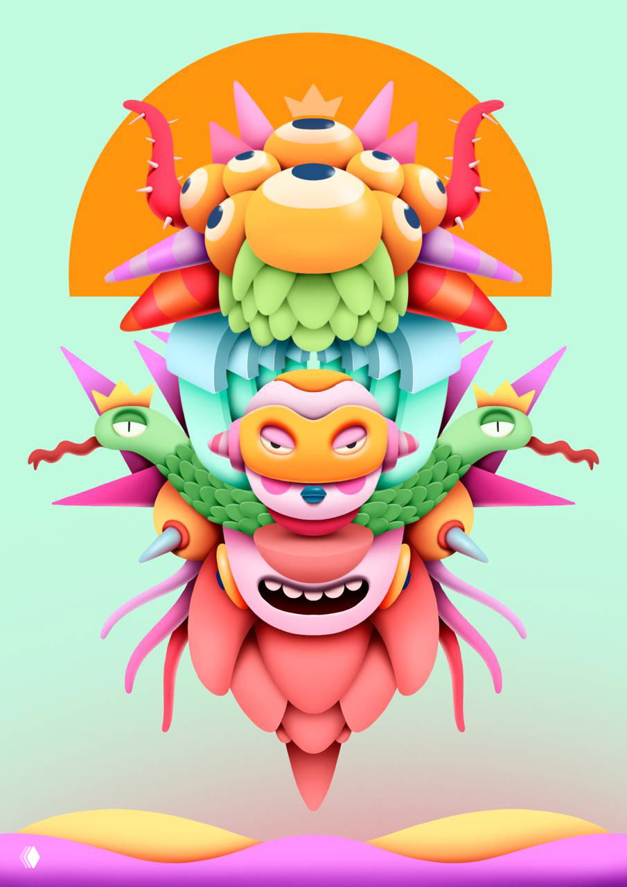 Симметричный тотем-персонаж в мягких пастельных и тёплых цветах, слои форм создают объёмный и игровой образ в стиле Universal Feelings.