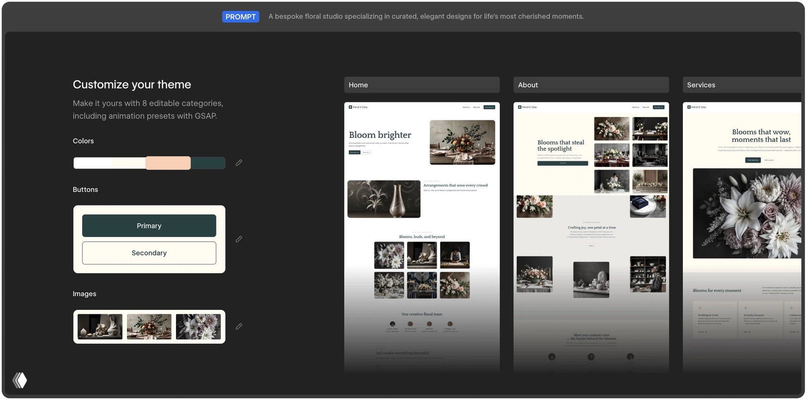 Скриншот интерфейса Webflow AI Site Builder: на тёмном фоне панель настройки темы, цветов и кнопок слева и три превью адаптивных страниц справа.