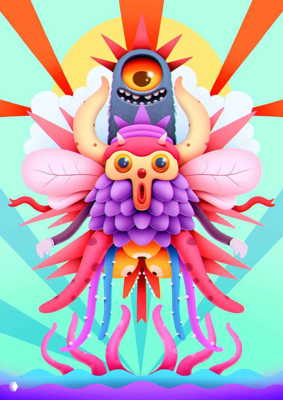 Яркая сюрреалистическая композиция с тентаклями и крыльями, насыщенные пастельные и контрастные оттенки — работа из серии Universal Feelings.