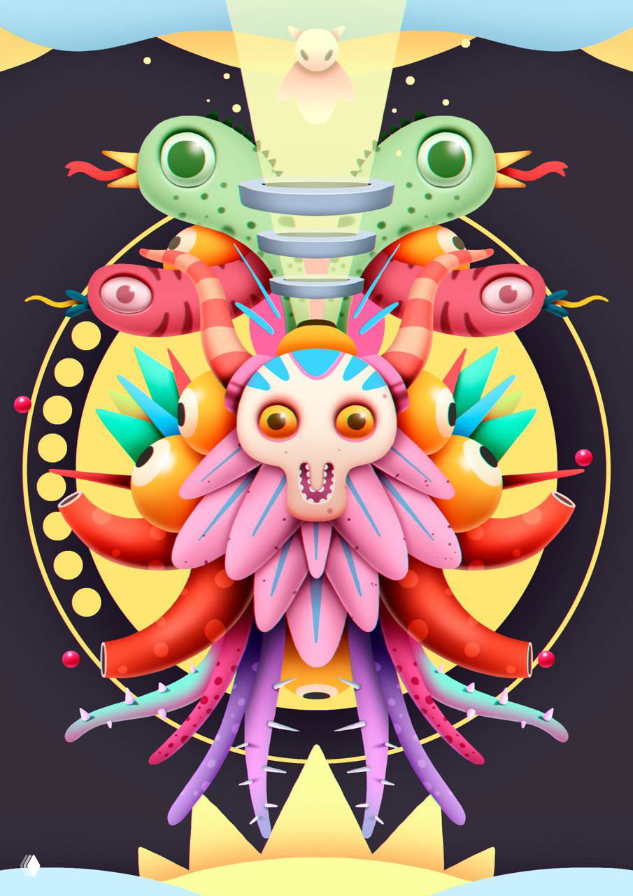 Детализированная абстрактная маска-персонаж с множеством глаз и орнаментальных деталей, насыщенная палитра и графические формы.