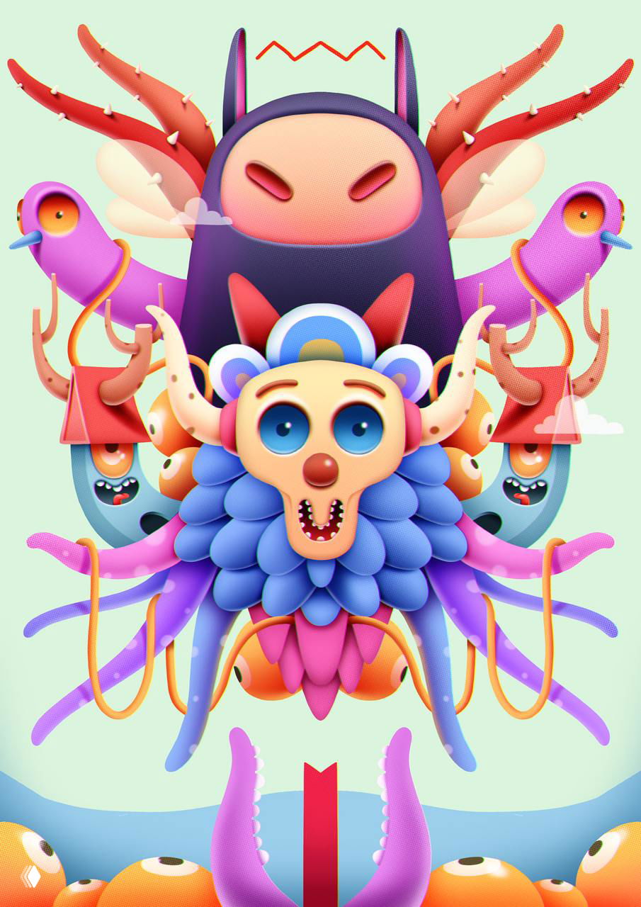 Контрастная яркая иллюстрация со стилизованными персонажами, геометрическими формами и декоративными рожками — узнаваемая эстетика серии.