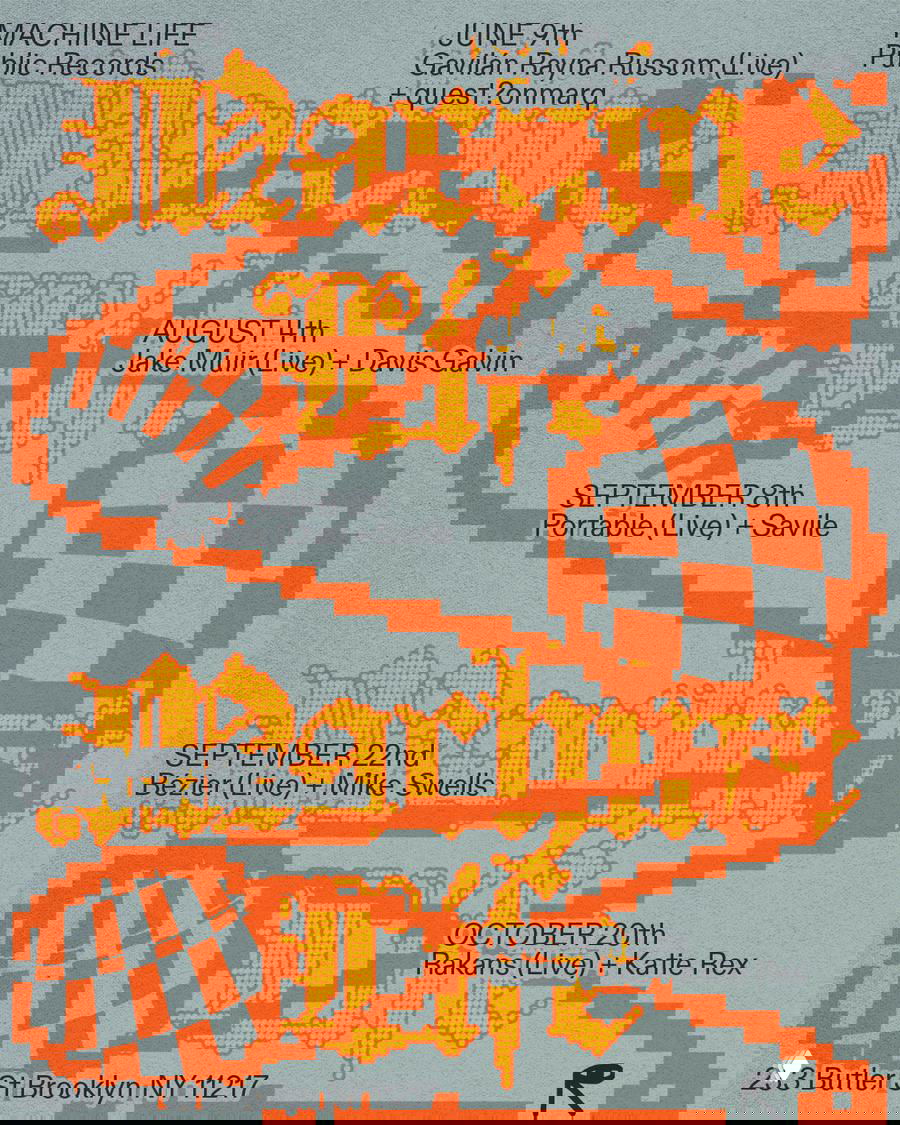 Постер на фактурном сером фоне с оранжевыми пиксельными формами и мелкой чёрной типографикой, перечислением дат и адреса — экспериментальная графика.