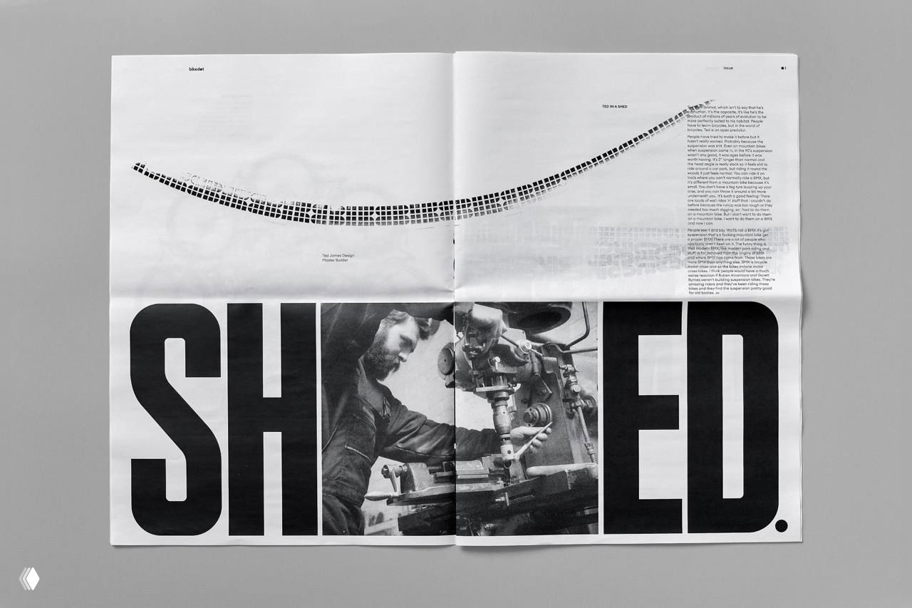 Разворот печатного издания с крупными черными заголовками, фото мастера и извилистой линией из модулей-протектора — презентация стиля бренда.