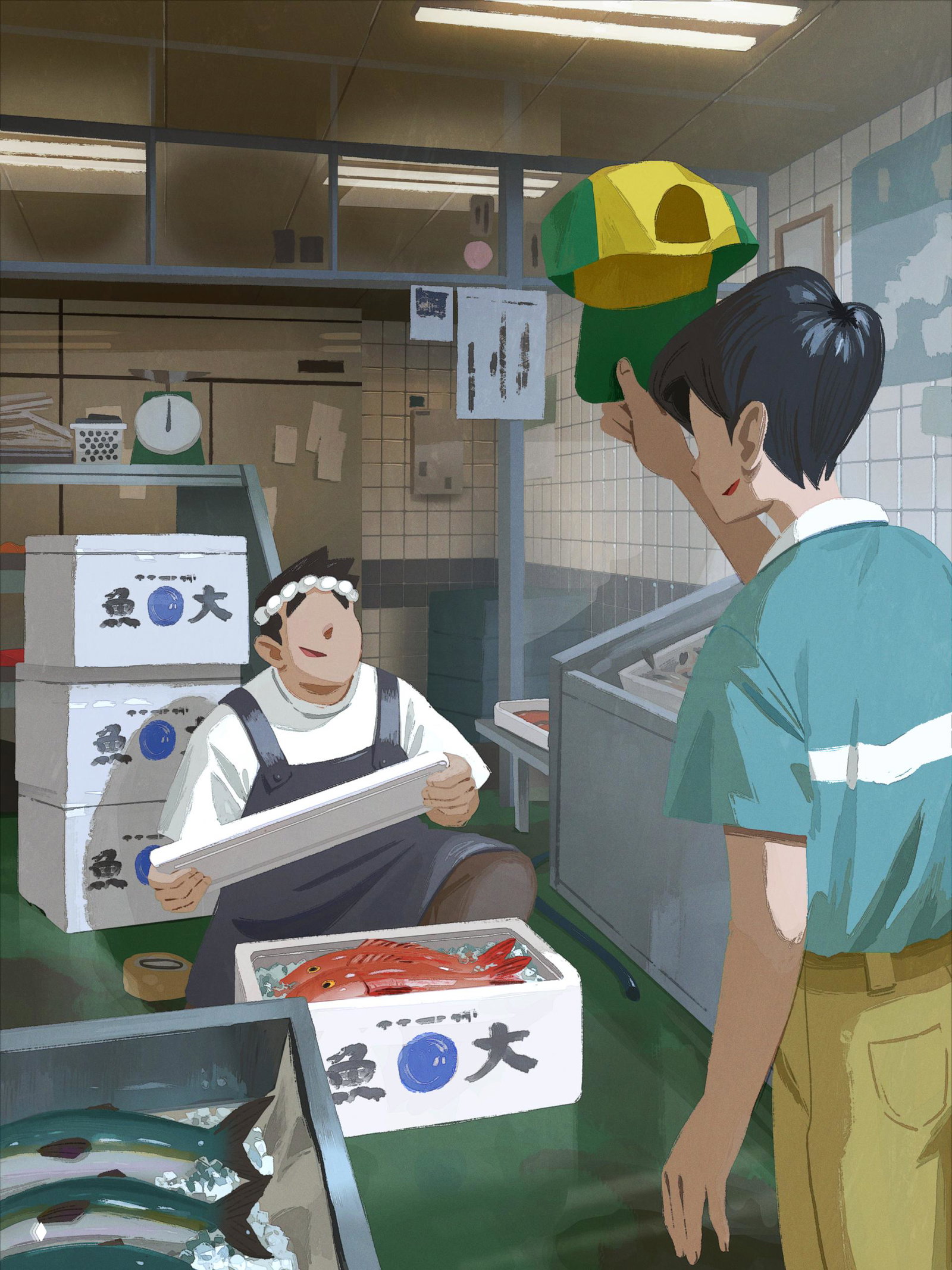 Иллюстрация: интерьер рыбного магазина, продавец с ящиками свежей рыбы общается с покупателем, тёплые тени и текстура кисти.