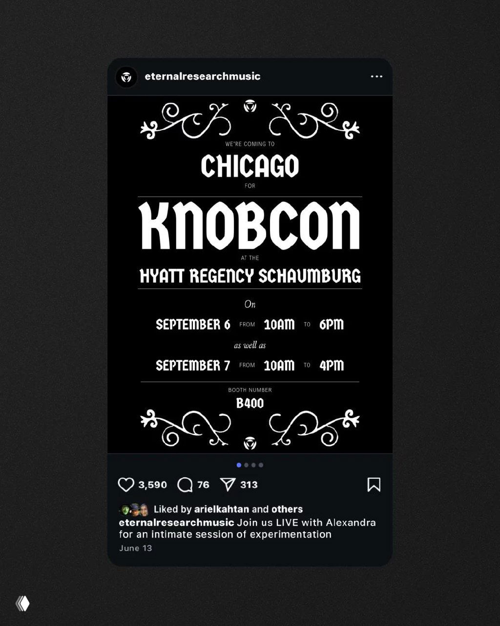 Скриншот с глитчевыми вставками: фрагменты инстаграм-поста eternalresearchmusic, декоративные орнаменты и искажённый текст анонса мероприятия.