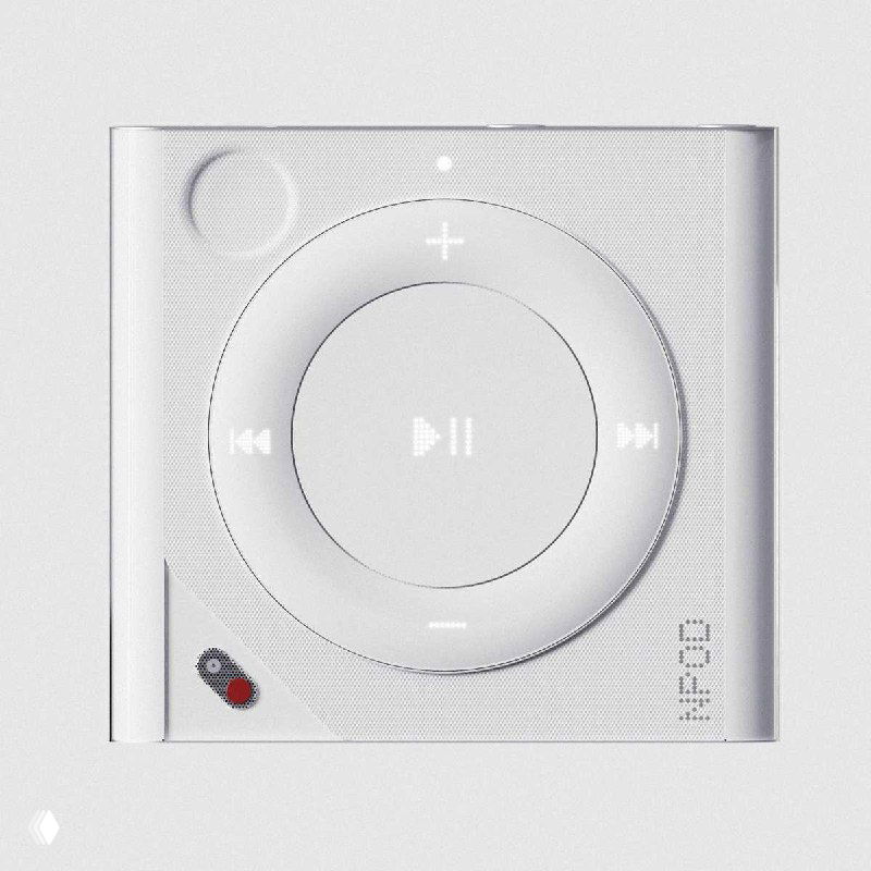 Фрагмент лицевой панели белого Nothing Npod: крупный круговой контрол с подсвеченными символами воспроизведения и текстурой корпуса в макро‑плане.