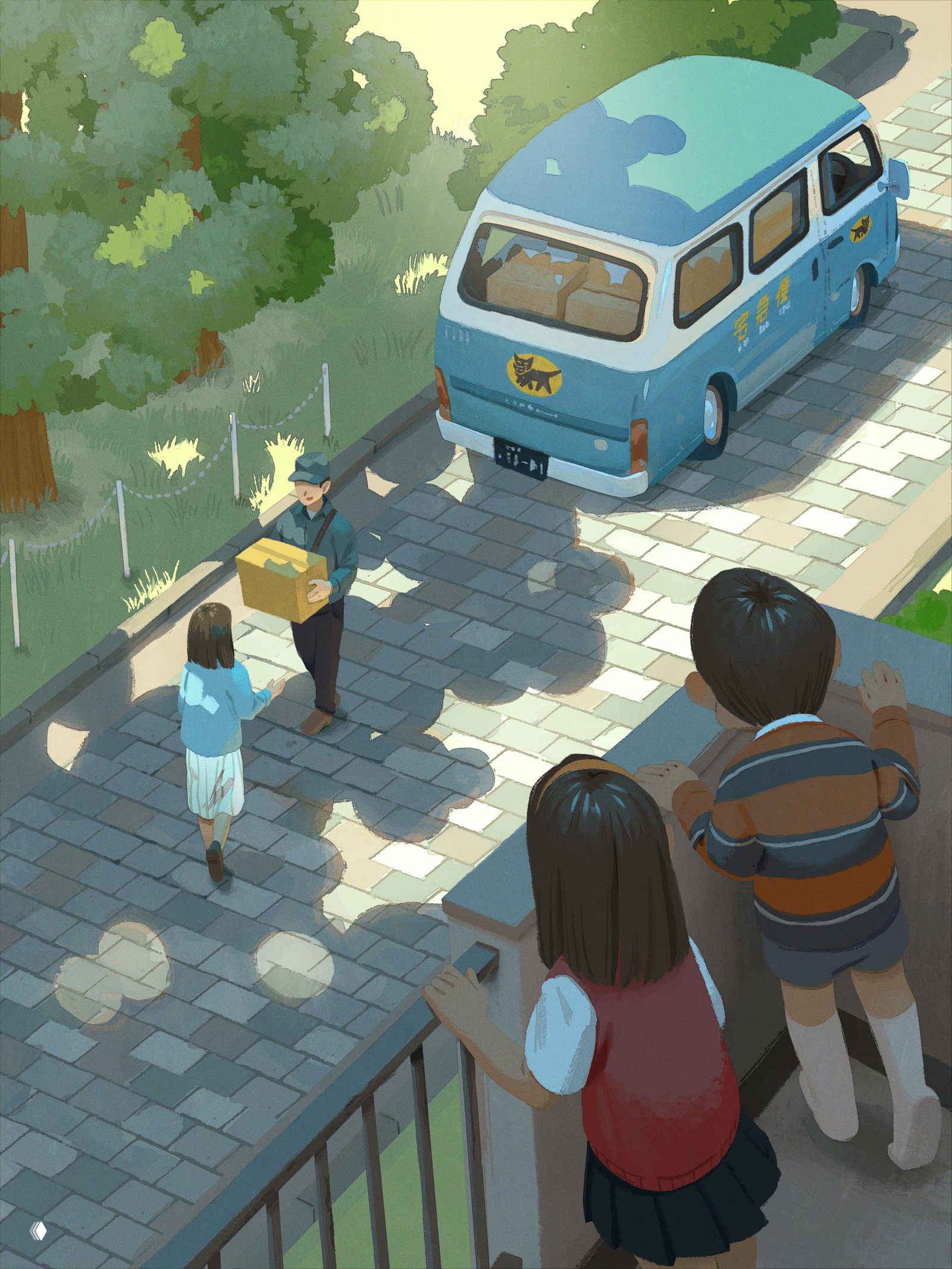 Иллюстрация: курьер с коробкой у голубого фургона доставляет посылку, двое детей наблюдают с балкона, тёплый солнечный свет и зелёные деревья.
