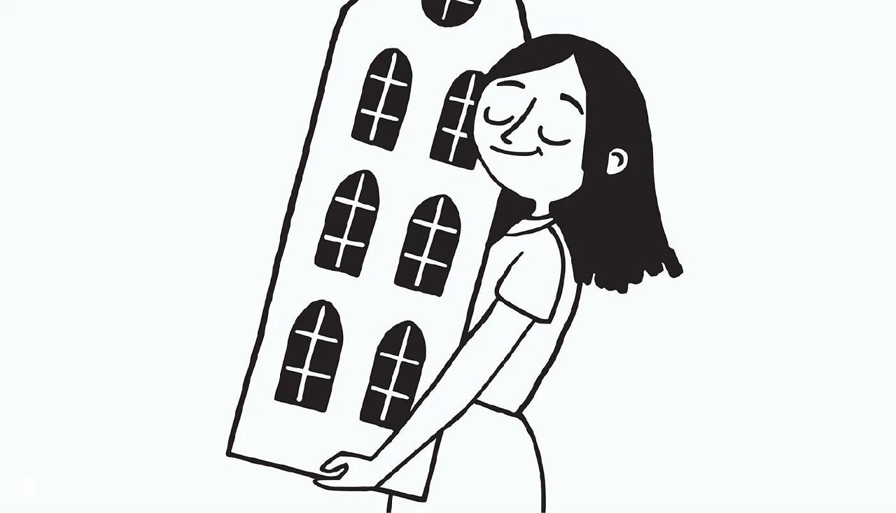 Иллюстрация девушки, несущей макет дома; чёрно‑белая стилизованная графика, часть набора для брендинга кофейни.
