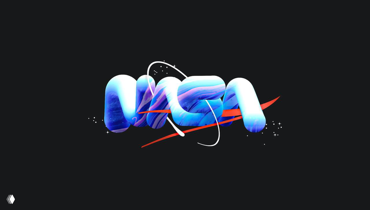 Абстрактный объёмный леттеринг с синими и фиолетовыми градиентами на тёмном фоне, динамичная декоративная типографическая композиция.