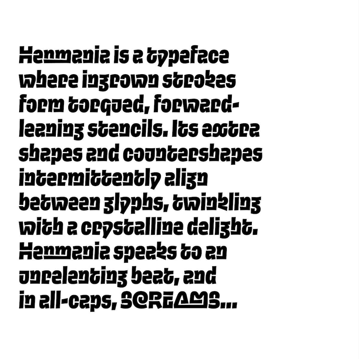 Текстовый блок-описание Henmania на белом фоне: абзац, объясняющий характер шрифта — инкрустованные строчки и стэнсил-подобная структура.