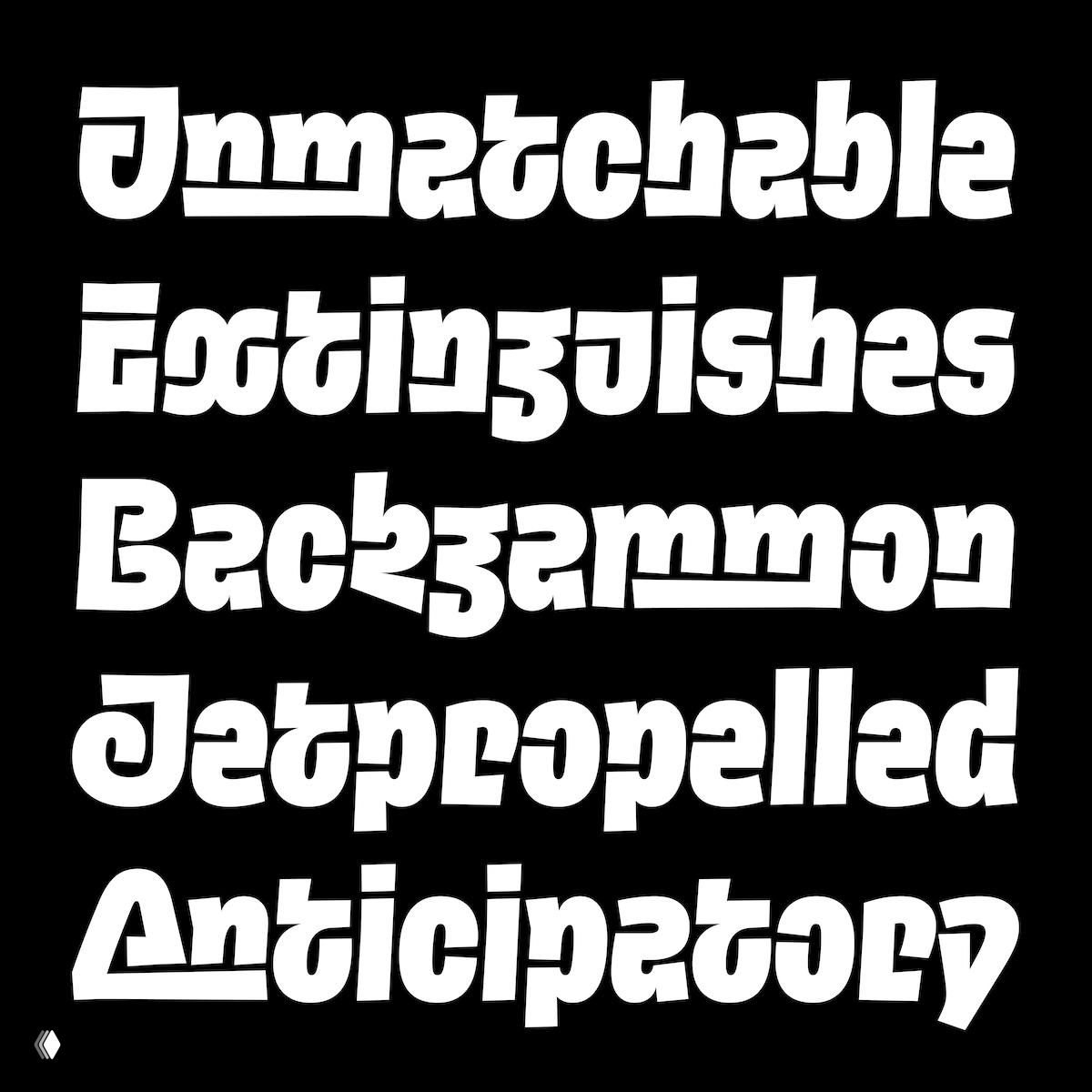 Пример набора символов Henmania: белые массивные буквы на чёрном фоне, демонстрация форм глифов, округлых и резких штрихов.