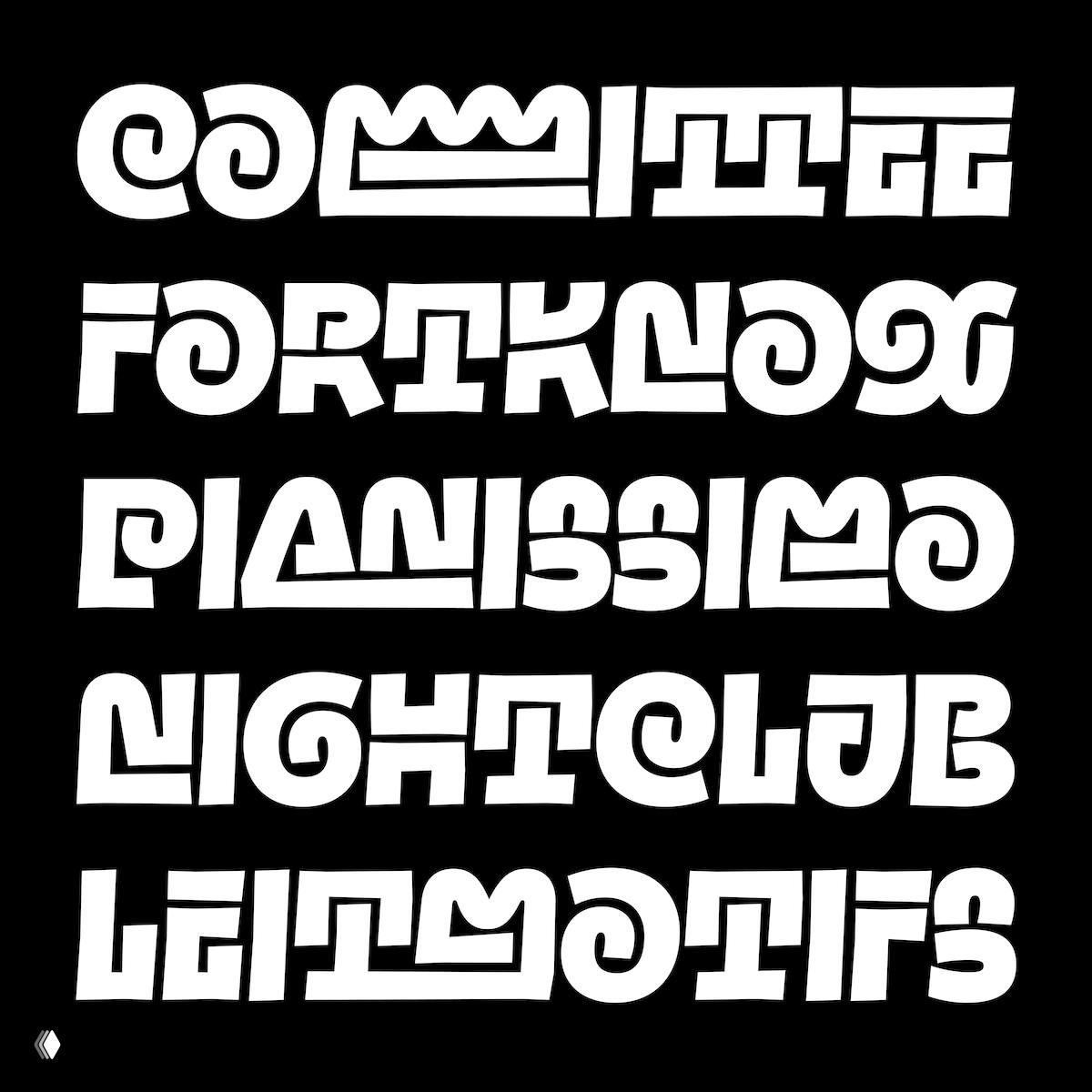 Панель с символами Henmania: белые стилизованные глифы на чёрном фоне, сочетание спиралей, квадратных форм и декоративных контрформ.