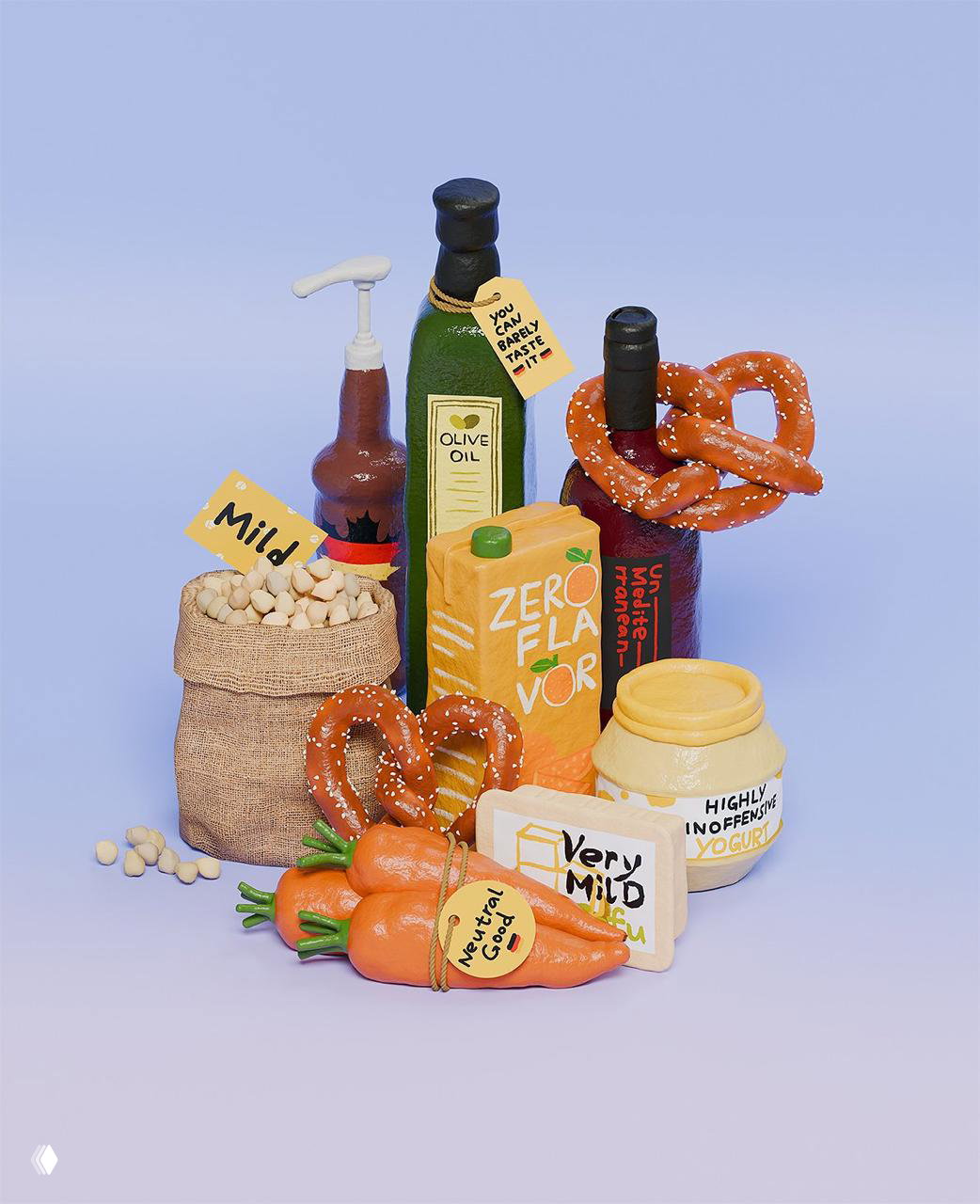 Группа пластилиновых продуктов: бутылки, пакеты, крендели и морковь с яркими ценниками и надписями 'zero flavor', выполненные в ироничном стиле Джоанн Джо.