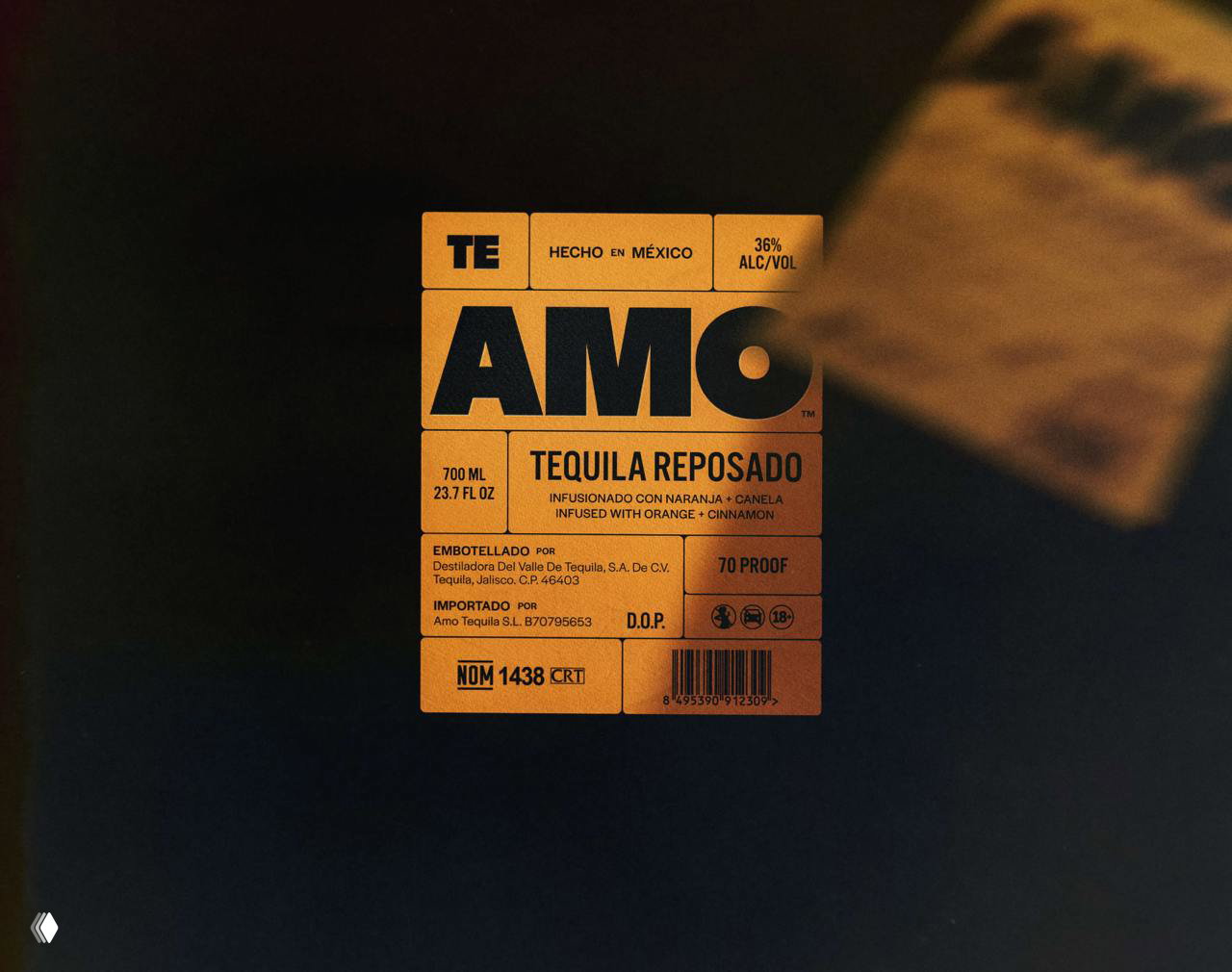 Крупный кадр квадратной оранжевой этикетки Amo с технической информацией, штрихкодом и плотной чёрной типографикой на тёмном фоне