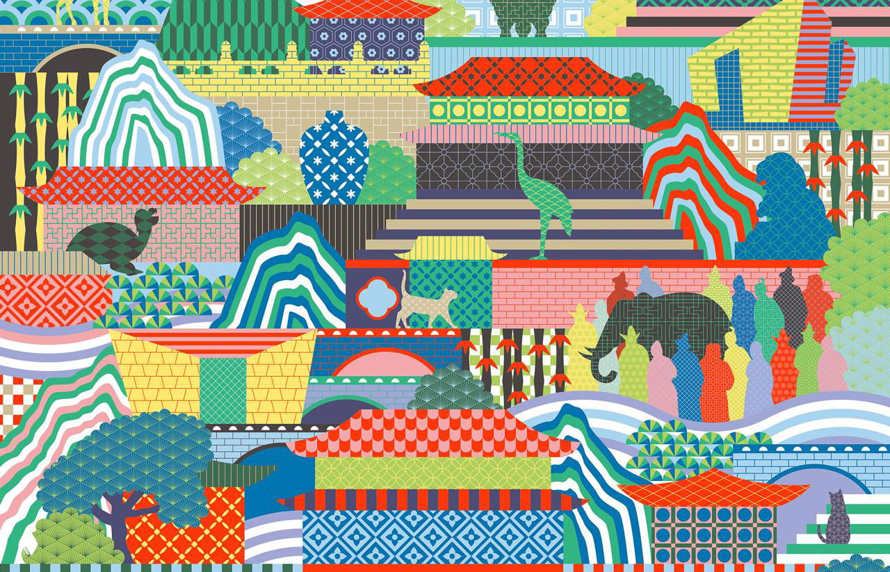 Подробный фрагмент цветной иллюстрации с многослойными узорами, крышами и силуэтами животных и фигур, использованных в мерче музея