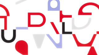 Фрагмент геометрической типографики Abridge: абстрактные буквы и формы в красно‑сине‑серой палитре, стилизация под архитектуру.