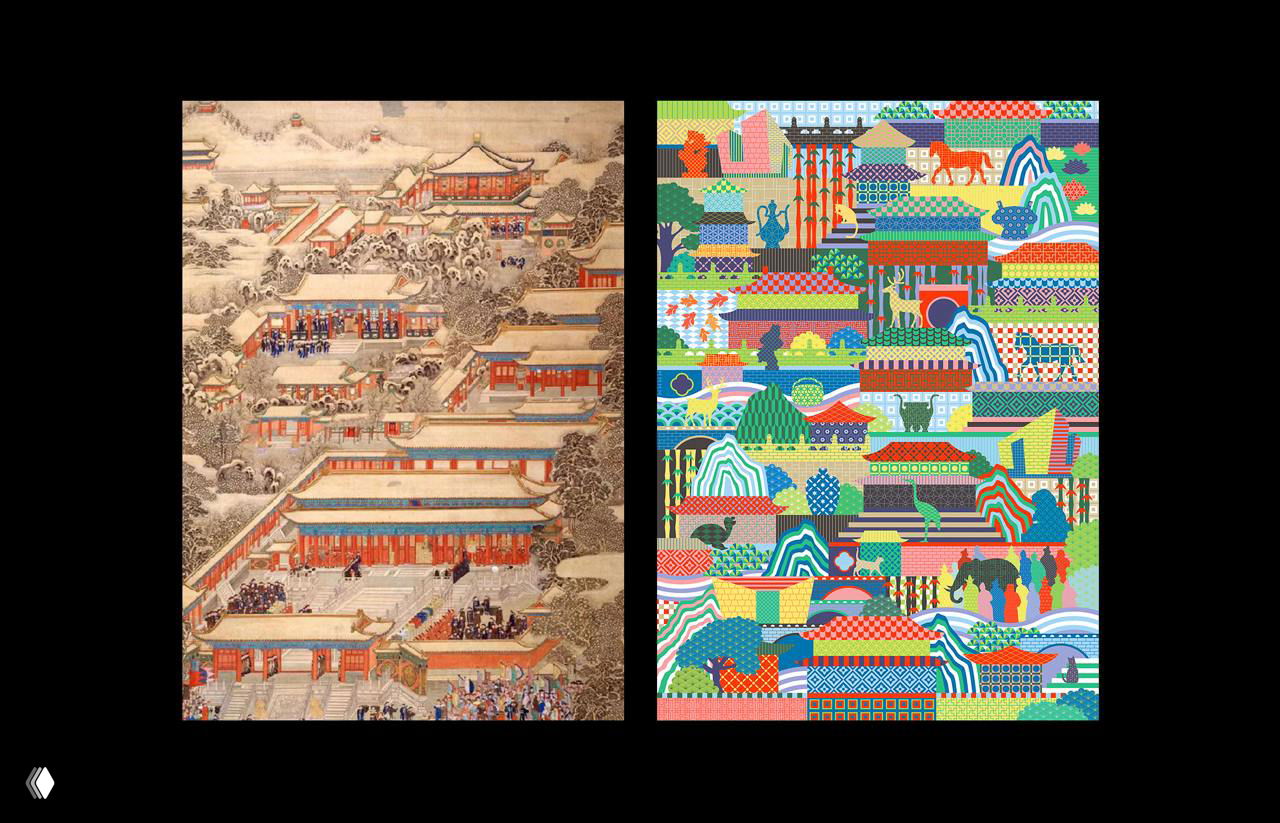 Сравнение: историческая роспись дворца слева и современная яркая иллюстрация справа — источник визуальных мотивов для серии сувениров