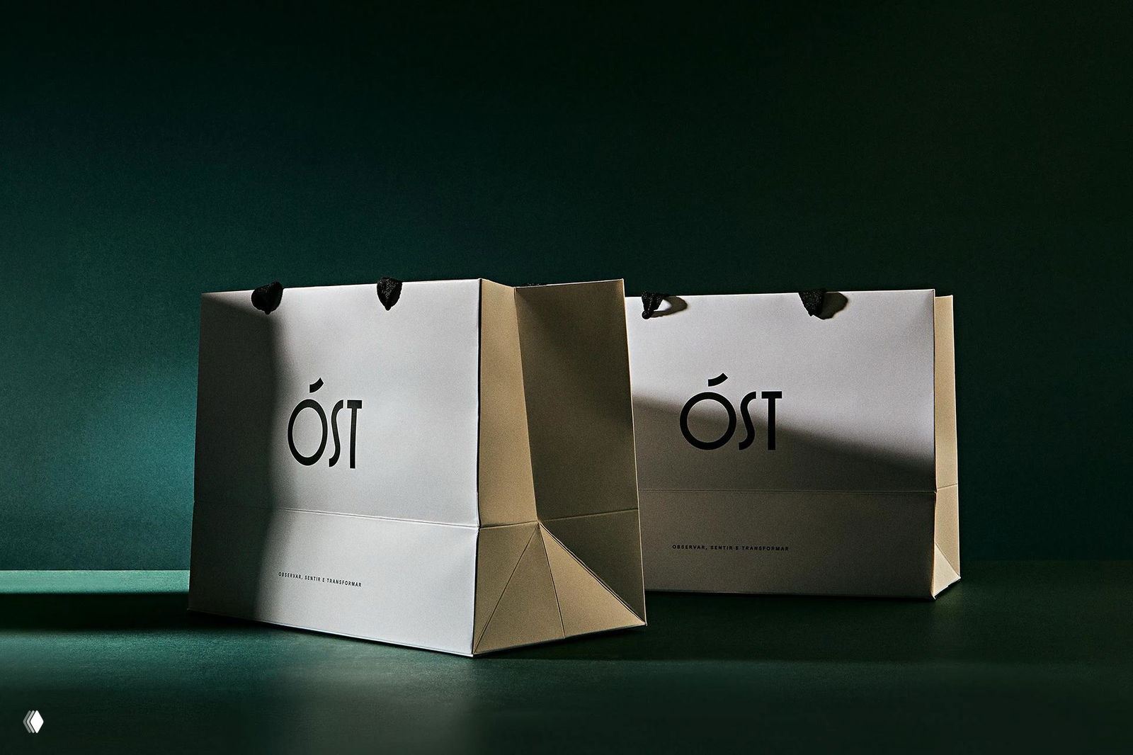 Две бумажные сумки с чёрным логотипом ÓST на светлой бумаге, студийная фотография упаковки на тёмно-зелёном фоне, игра света.