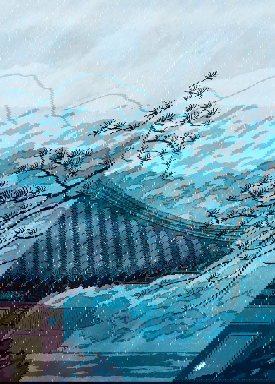 Иллюстрация крыши традиционного дома под дождём: сцена с карнизом, ветвями и дальними горами в приглушённых голубых и серых тонах.