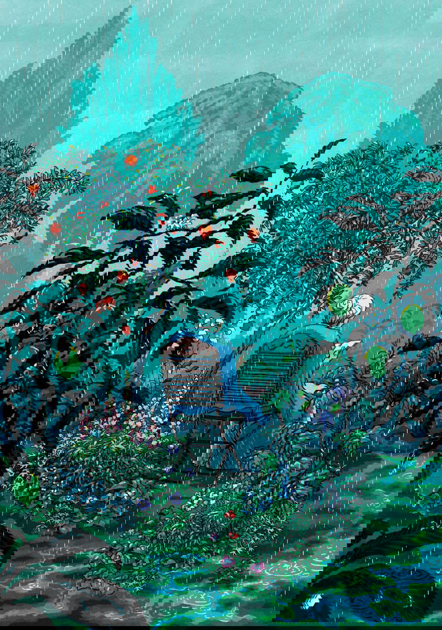 Иллюстрация сада под дождём: пожилая женщина читает в саду среди гранатовых деревьев и обильной зелени, дождевые капли и отражения в лужах.