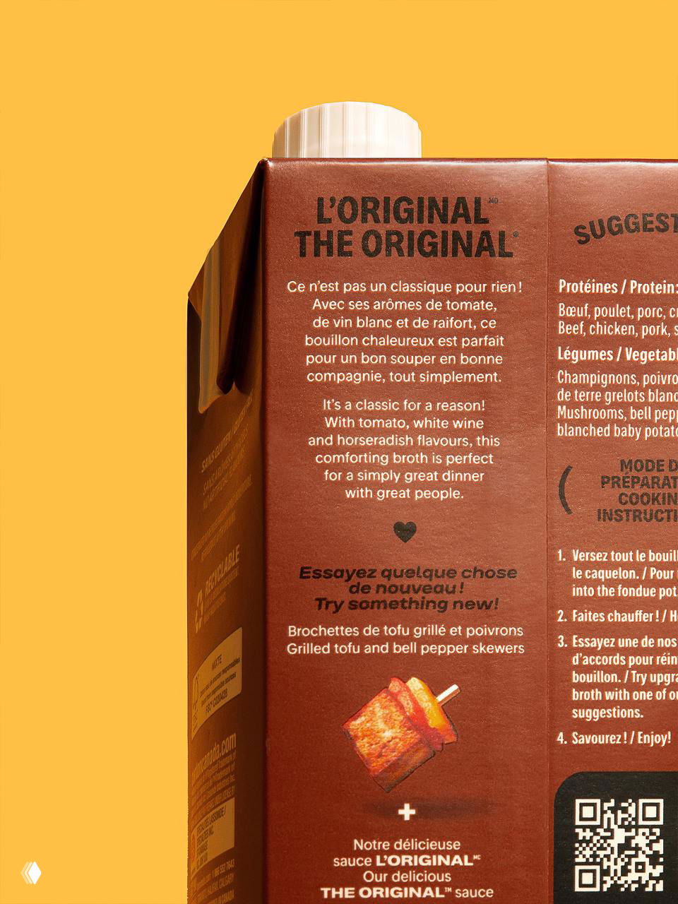 Крупный план тыльной панели тетрапака Canton: текст описания продукта и иллюстрация рецепта на коричневой этикетке в новом дизайне.