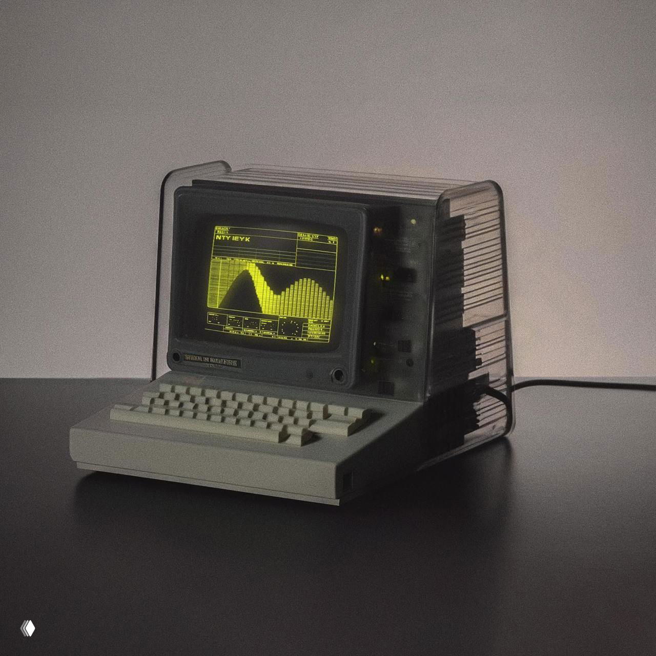 Ретро‑компьютер с прозрачным корпусом и монохромным зелёным монитором, физической клавиатурой и графиками на экране, стилизованный под электронику 1980‑х годов.