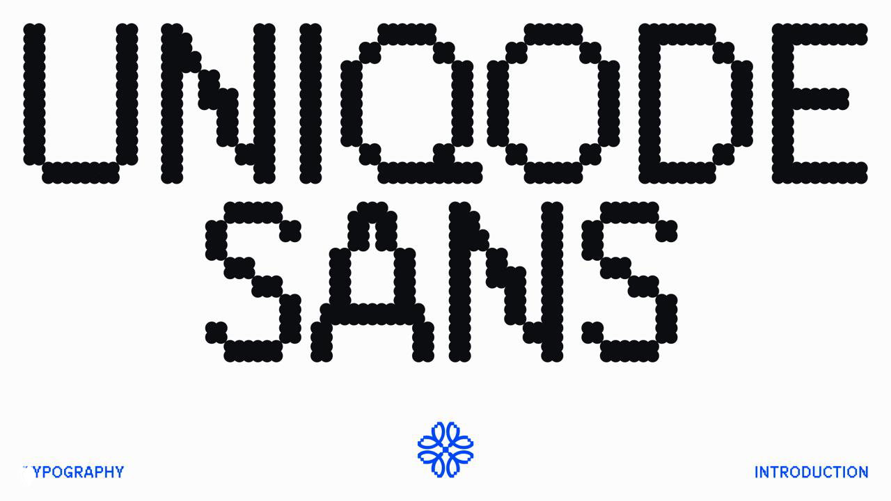 Крупный шрифт UNIQODE SANS, составленный из модулей-петель, на светлом фоне, демонстрация фирменной гротескной пиксельной версии шрифта.