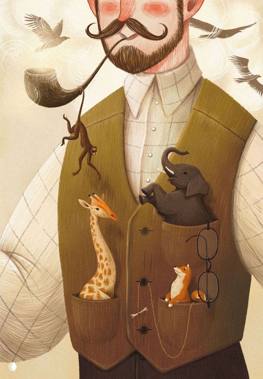 Портрет мужчины с усами и жилетом, в карманах которого прячутся маленькие животные: жираф, слон и лиса, декоративная текстура и мягкие тона.