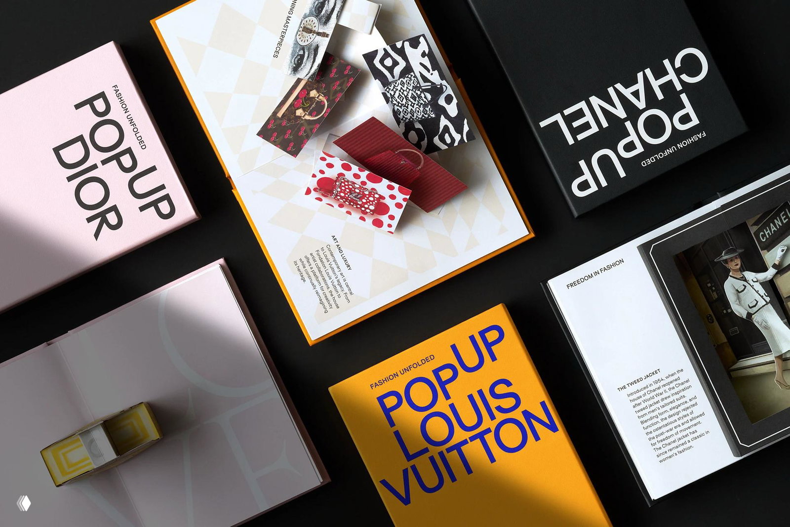 Крупный кадр разворотов и коробки PopUp Louis Vuitton и Dior: бумажные всплывающие элементы, яркая оранжевая обложка и минимализм разворотов.