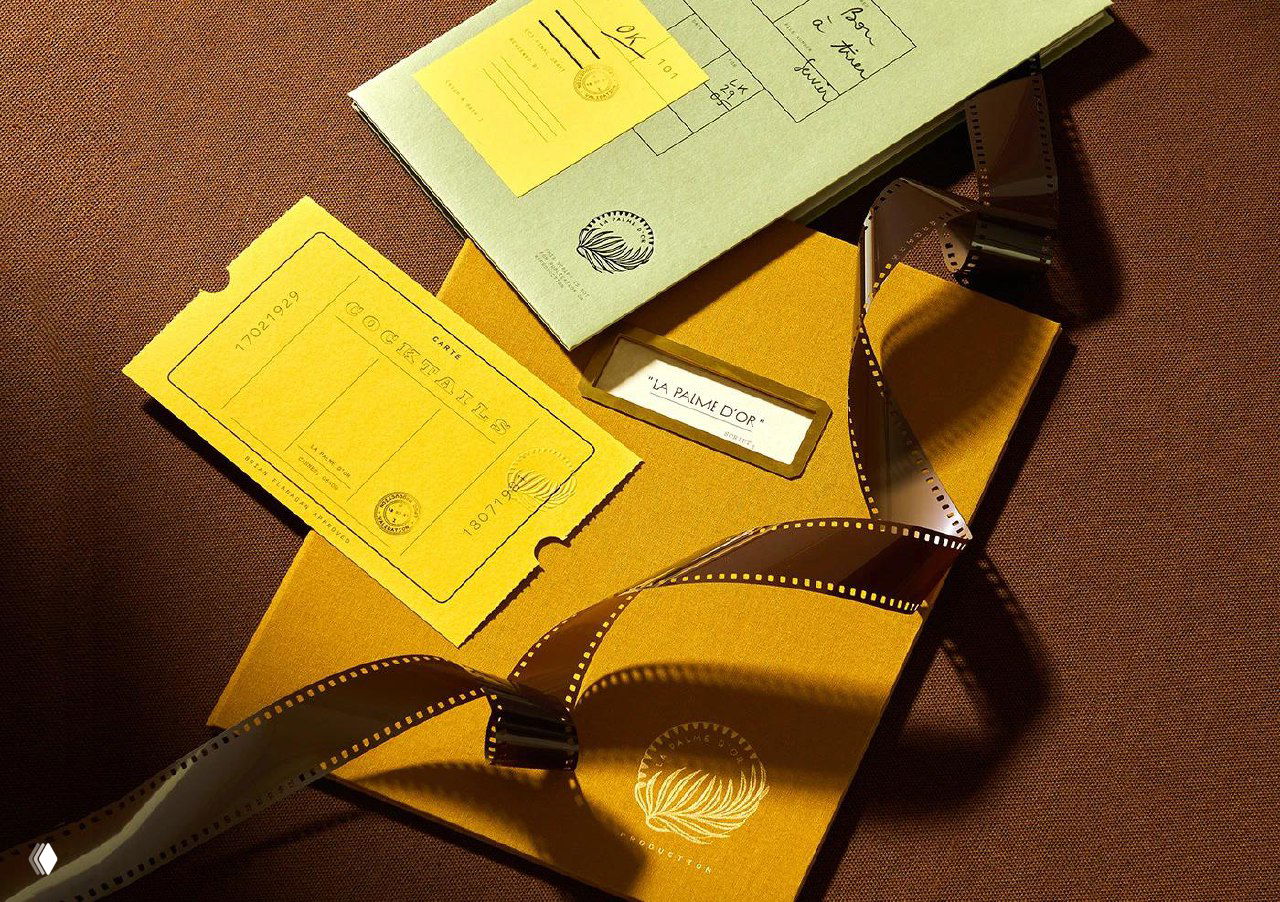 Абстрактная кадрированная композиция айдентики: наложенные карточки, отрезки киноплёнки и графические тени, создающие винтажную атмосферу.