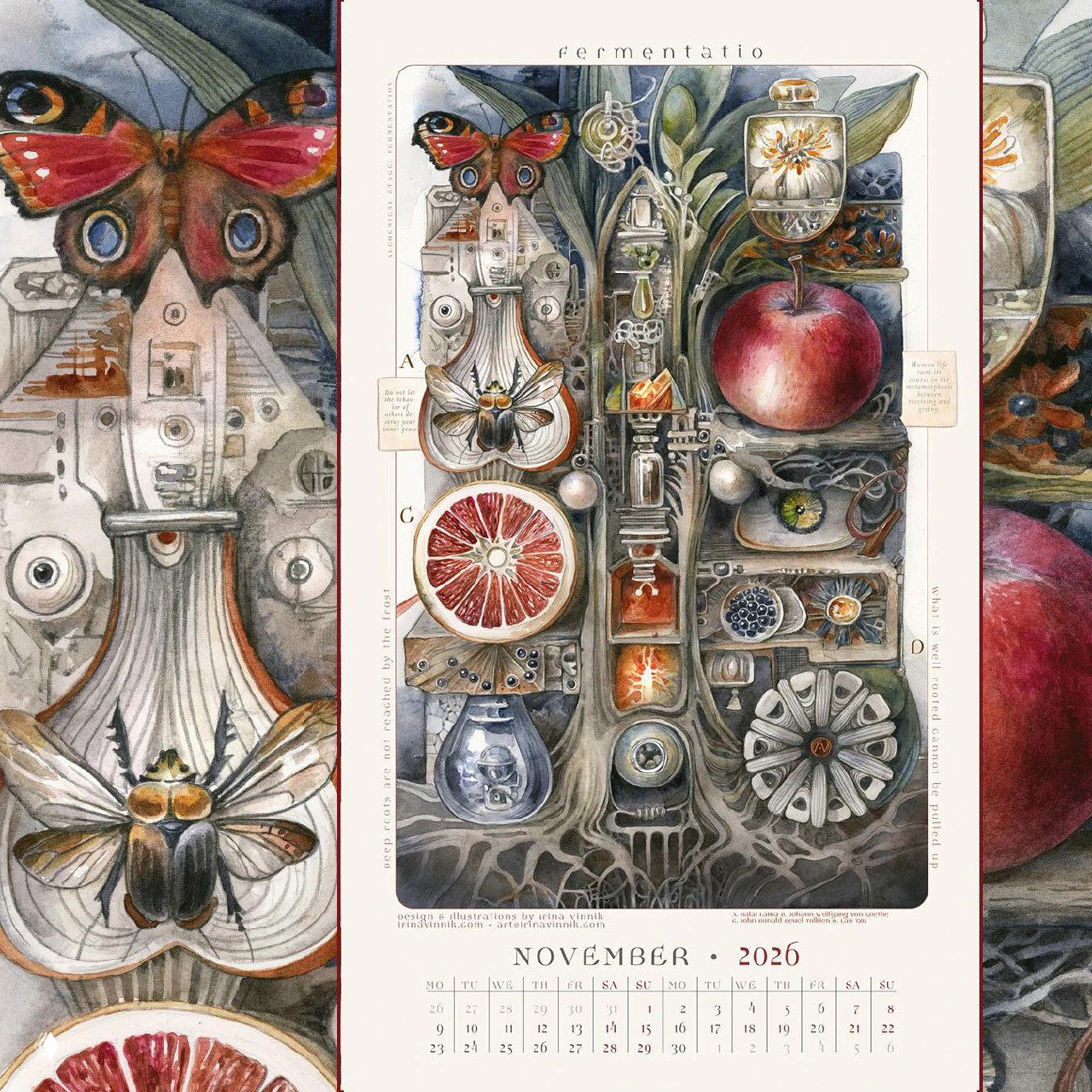 Крупный фрагмент разворота календаря: монохромные гравюрные элементы и акварельные вкрапления, структура календарной сетки внизу.