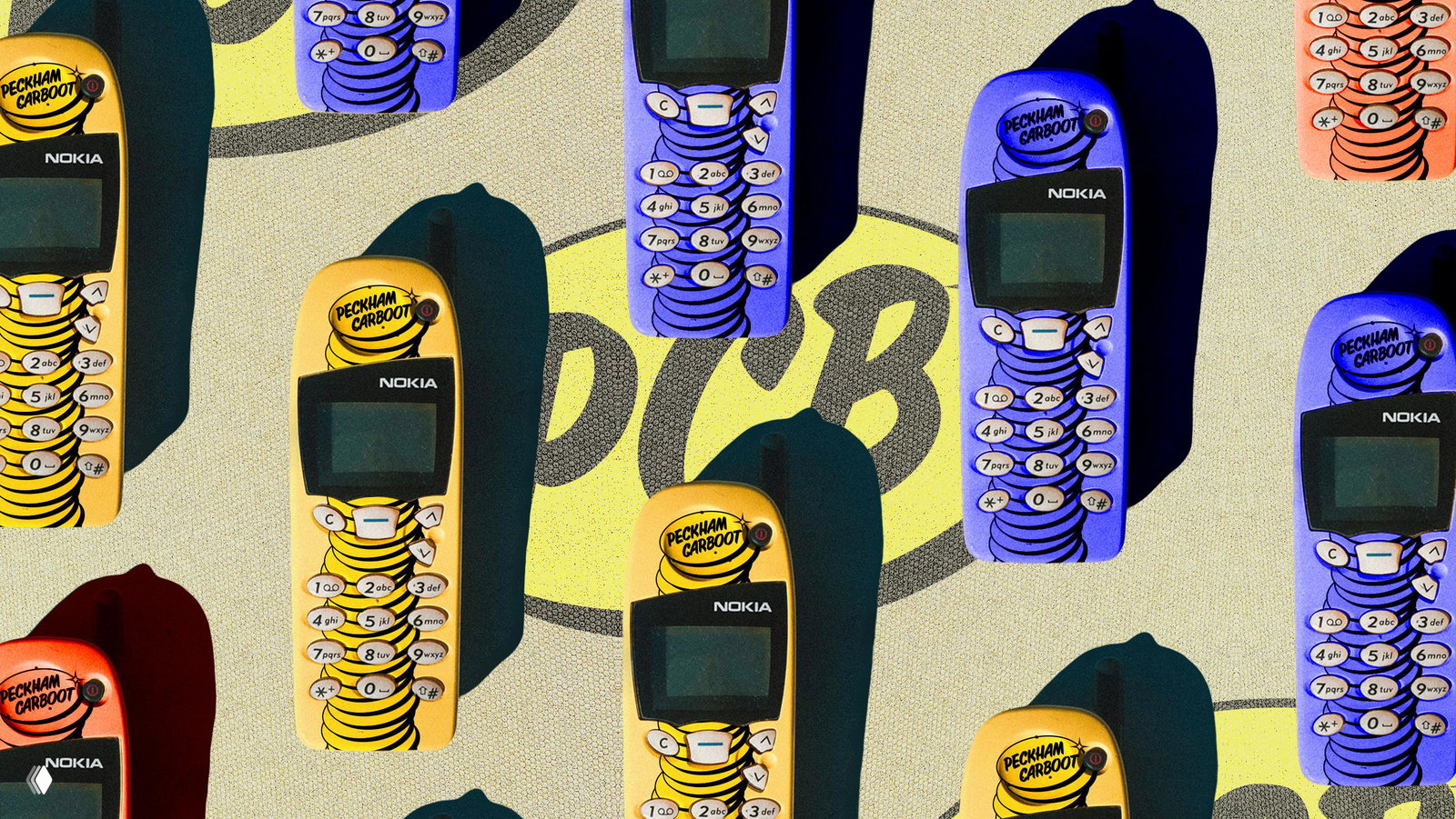 Коллаж из ретро‑телефонов Nokia с принтами и маленькими логотипами Peckham Carboot, повторяющийся узор на жёлтом фоне.
