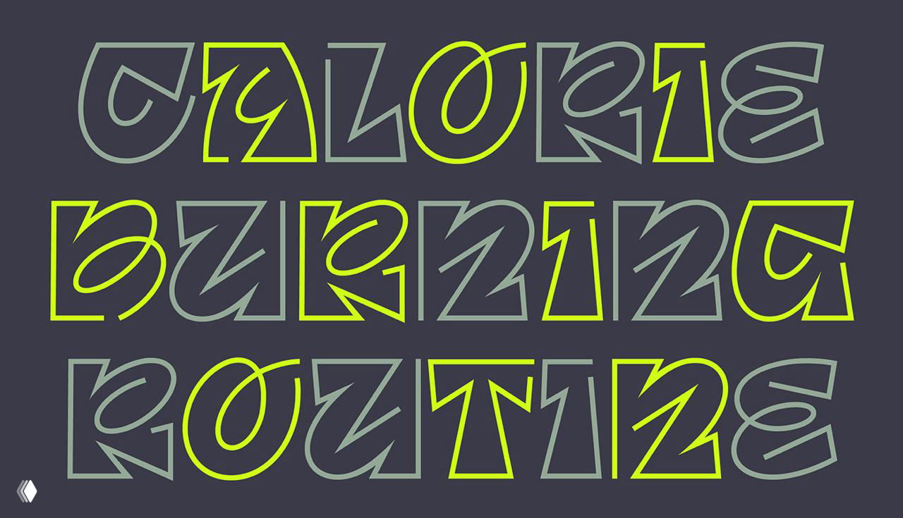 Таблица с вариациями символов Aerobik и текстовыми словами, показывающая начертания для заголовков и логотипов.