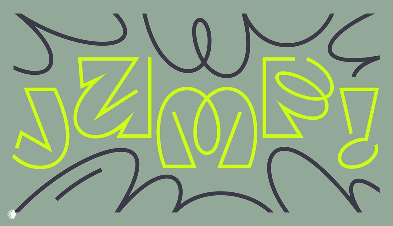 Разворот с набором букв Aerobik: сочетание толстых контурных форм и тонких волнообразных штрихов, серо-зелёная палитра.