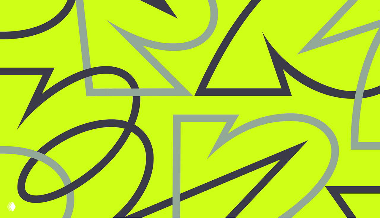 Крупный план деталей шрифта Aerobik: перекрывающиеся контуры и динамичные плавные линии на кислотном фоне.