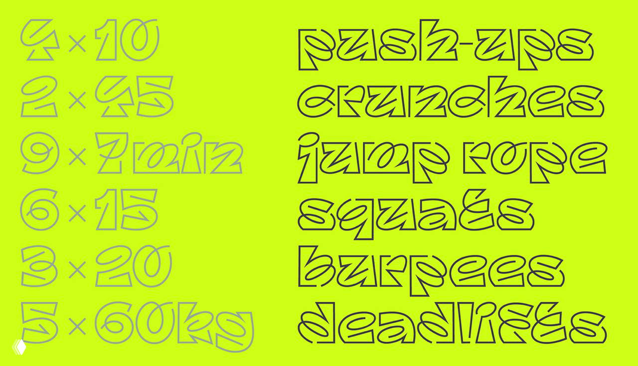 Пример набора символов и текста, выполненного шрифтом Aerobik, демонстрация стилизованных форм букв и пунктуации.