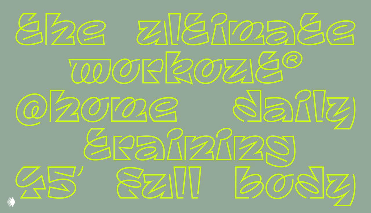 Фраза «CALORIE BURNING ROUTINE» набрана шрифтом Aerobik — контрастные контуры и внутренние штрихи на тёмном фоне.