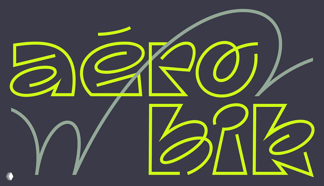Презентация логотипа Aerobik и декоративных слов: композиция из очертаний букв и энергичных рукописных линий.