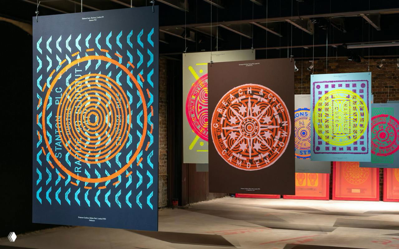 Зал выставки с висящими плакатами Overlooked 2.0: несколько цветных листов разного формата образуют серию оттисков, подсвеченных в индустриальном интерьере.