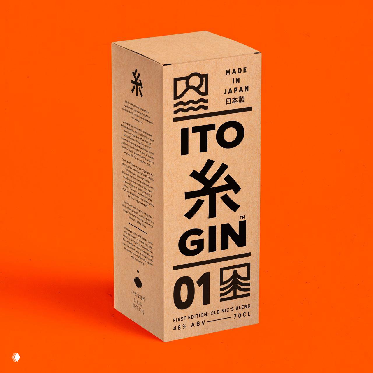 Крафтовая коробка ITO GIN на ярко‑оранжевом фоне: крупная типографика, символы Made in Japan и указание первого издания продукта.