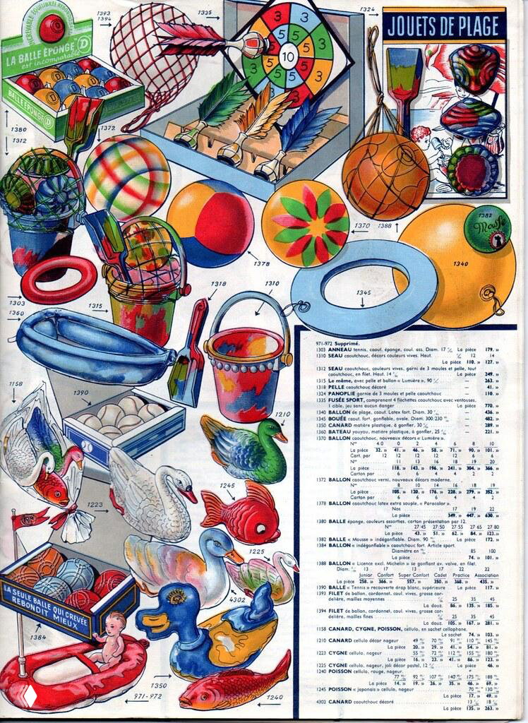 Страница каталога 1952/53 с яркими ручными акварельными иллюстрациями детских игрушек: пляжные наборы, мячи, ведёрки и уточки в ретро‑стиле.