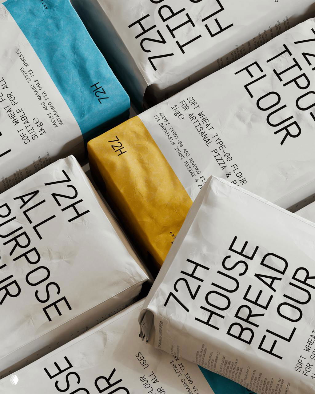 Ближайший план упаковок 72H: текст крупным моноширинным шрифтом на складках бумаги, акценты жёлтого и синего цвета на низах пачек.