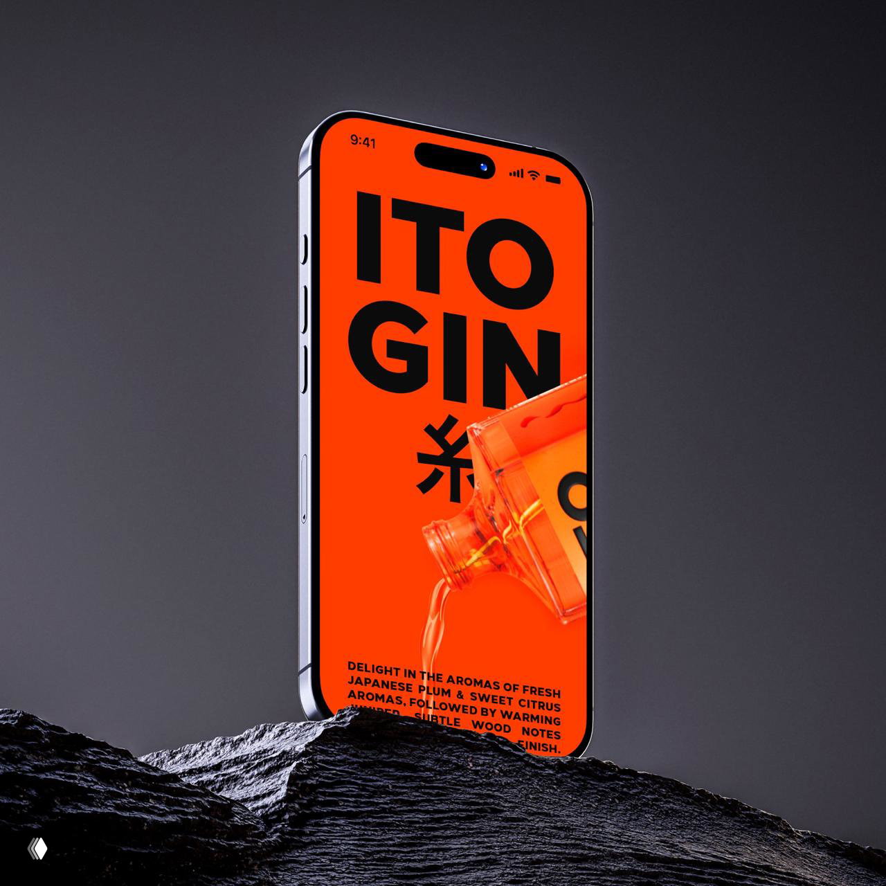 Смартфон с мокапом ITO GIN: яркое оранжевое оформление, бутылка льется на экран — визуал для презентации бренда и упаковки.