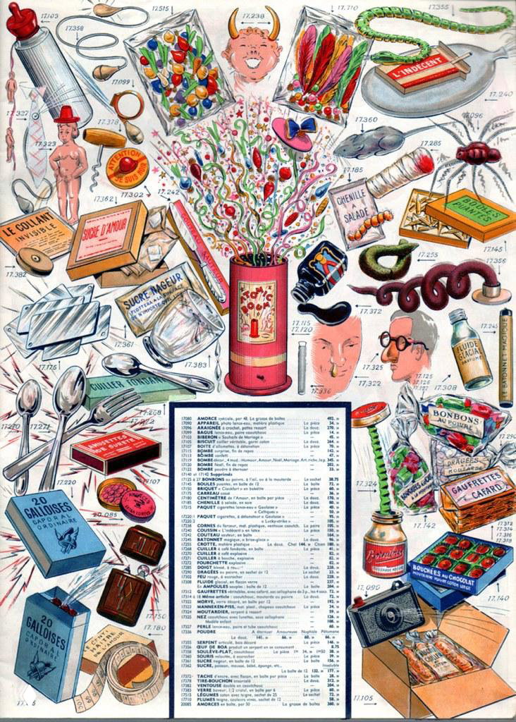 Лист каталога с разнообразными аксессуарами: свистки, пистолеты, коробки конфет, упаковки и механические игрушки, показанные в детализированных рисунках.