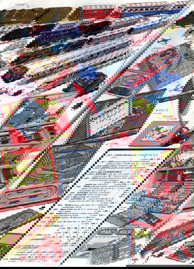 Лист винтажного каталога с иллюстрациями игрушечных поездов, вагонов, треков и авиа моделей; детализированные цветные рисунки техники и наборов.